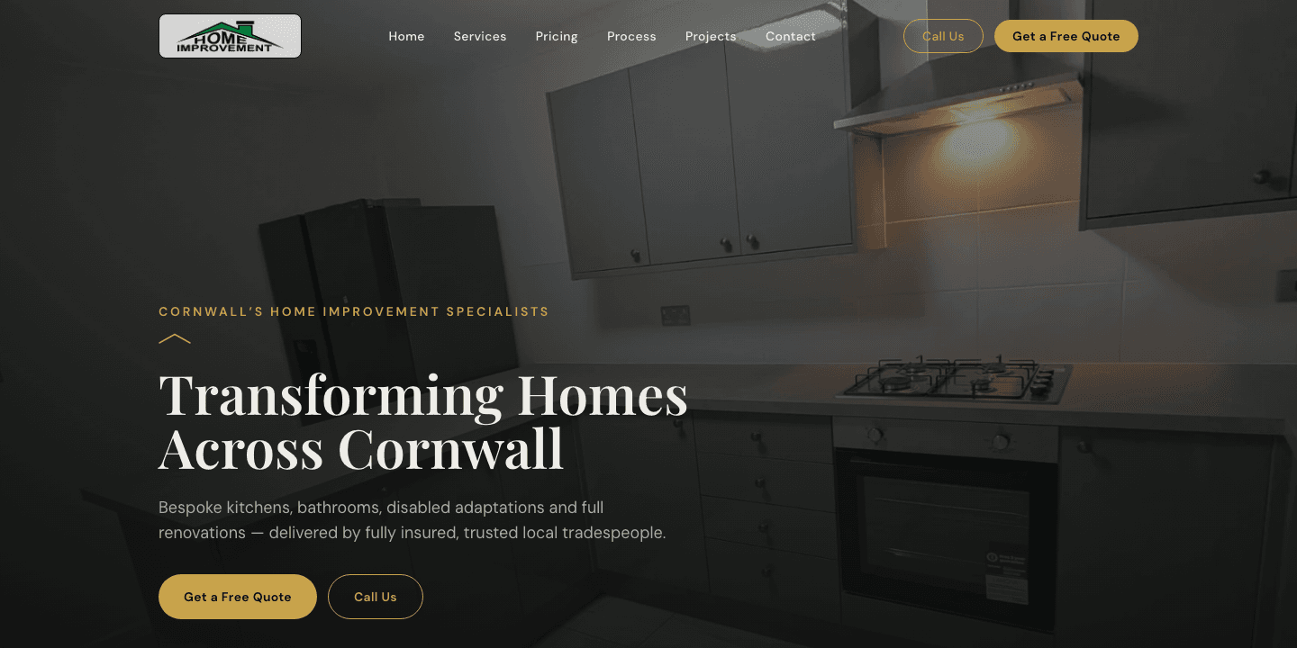Home Improvement Cornwall website homepage with the headline "Transforming Homes Across Cornwall"